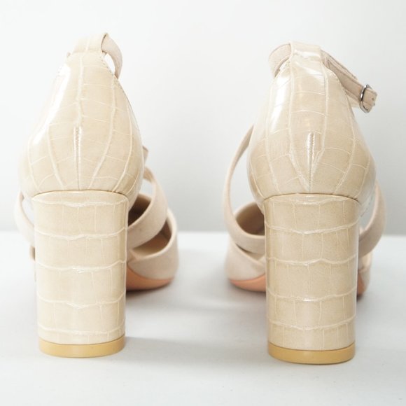 Eileency Chunky Heel Pointed Toe Nude Cross Strap Pumps - Picture 3 of 7